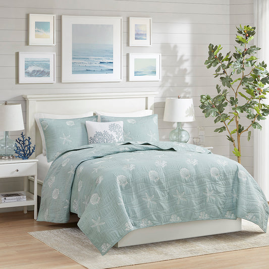 Seaside 4 Piece Cotton Reversible Embroidered Quilt Set with Throw Pillow - Aqua