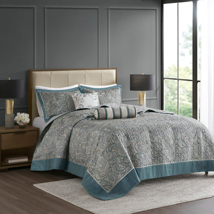 Aubrey 5 Piece Jacquard Bedspread Set with Throw Pillows - Teal