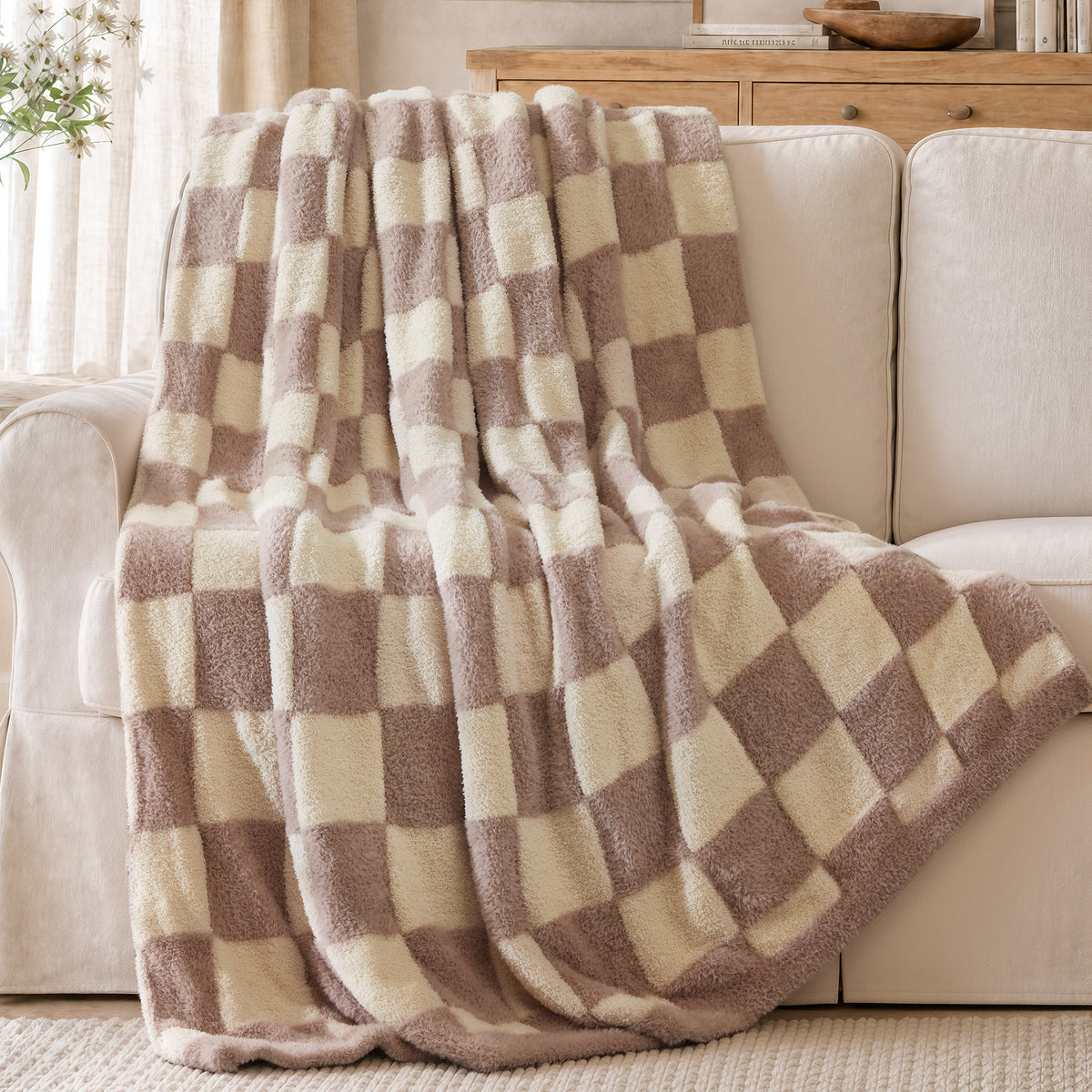 Checkerboard Feathersoft Fur Knit Throw - Brown