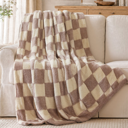 Checkerboard Feathersoft Fur Knit Throw - Brown