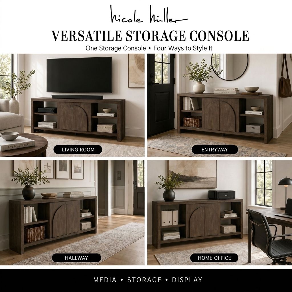 Bellcourt Arch Media Console with Arched Door Storage & Open Shelves - Walnut Brown