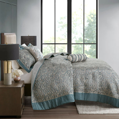 Aubrey 5 Piece Jacquard Bedspread Set with Throw Pillows - Teal