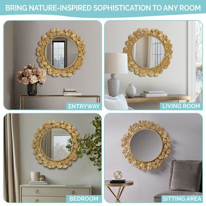 Eden Gingko Leaf Round Wall Mirror 30.5” - Gold