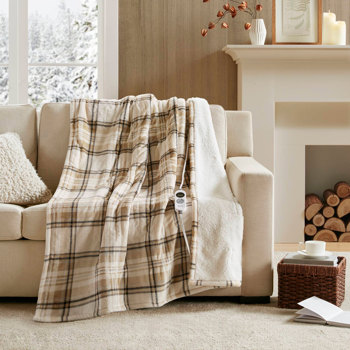 Print Plush to Sherpa Heated Throw - Tan Plaid