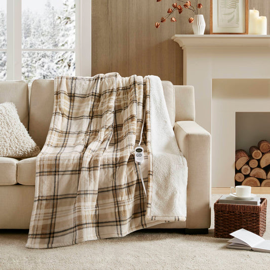 Print Plush to Sherpa Heated Throw - Tan Plaid