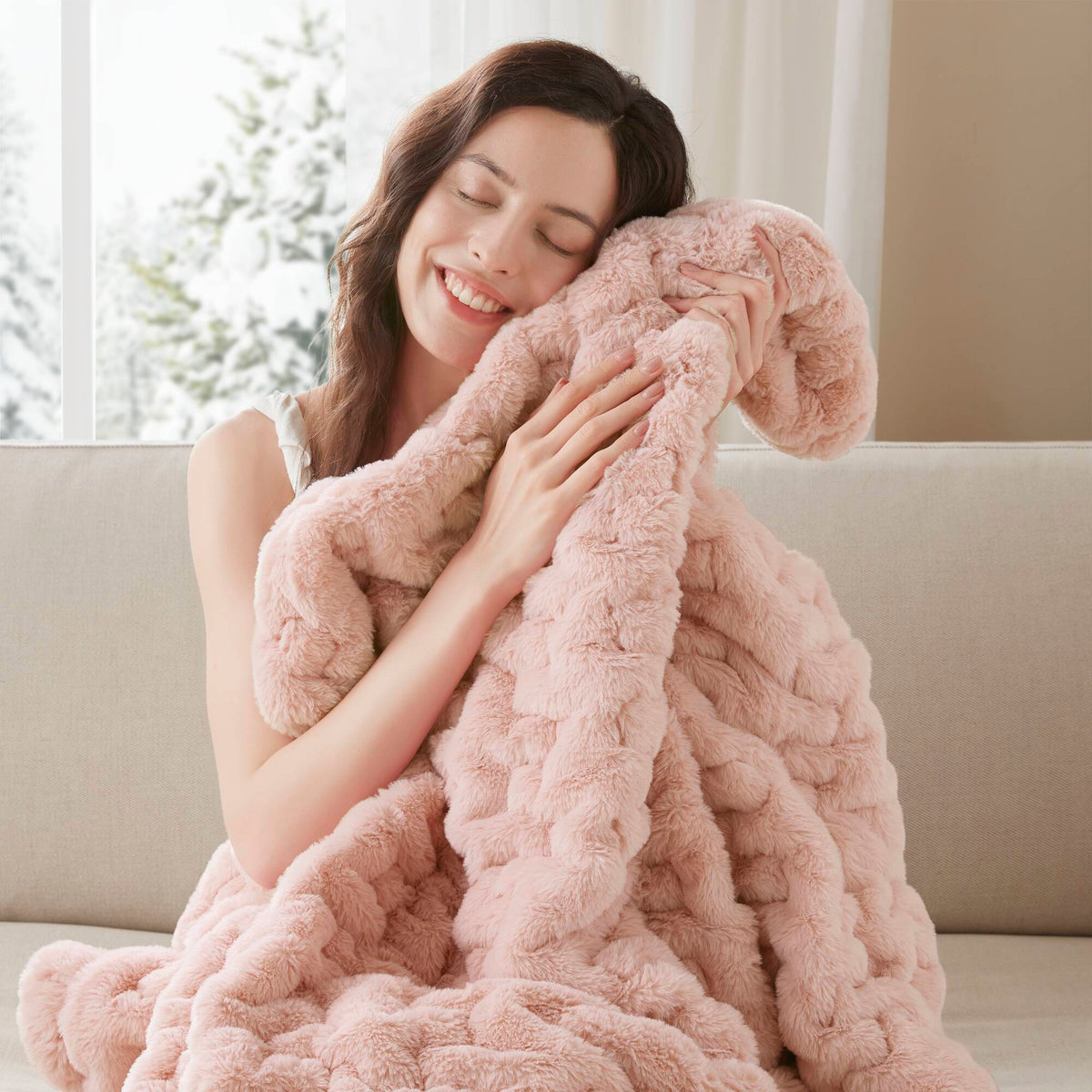 Ruched Fur Throw - Blush