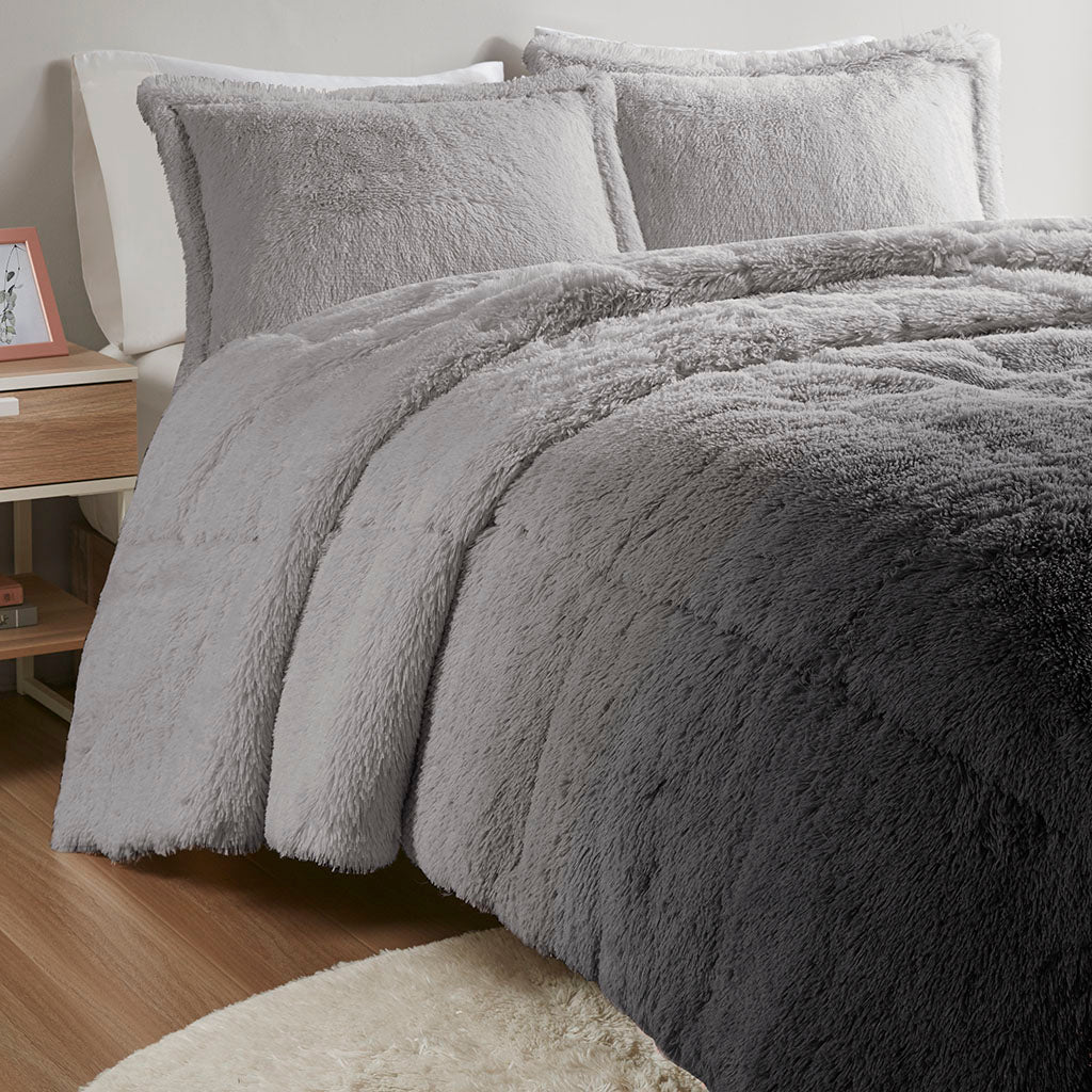 Brielle Ombre Shaggy Long Fur Comforter Mini Set - Grey