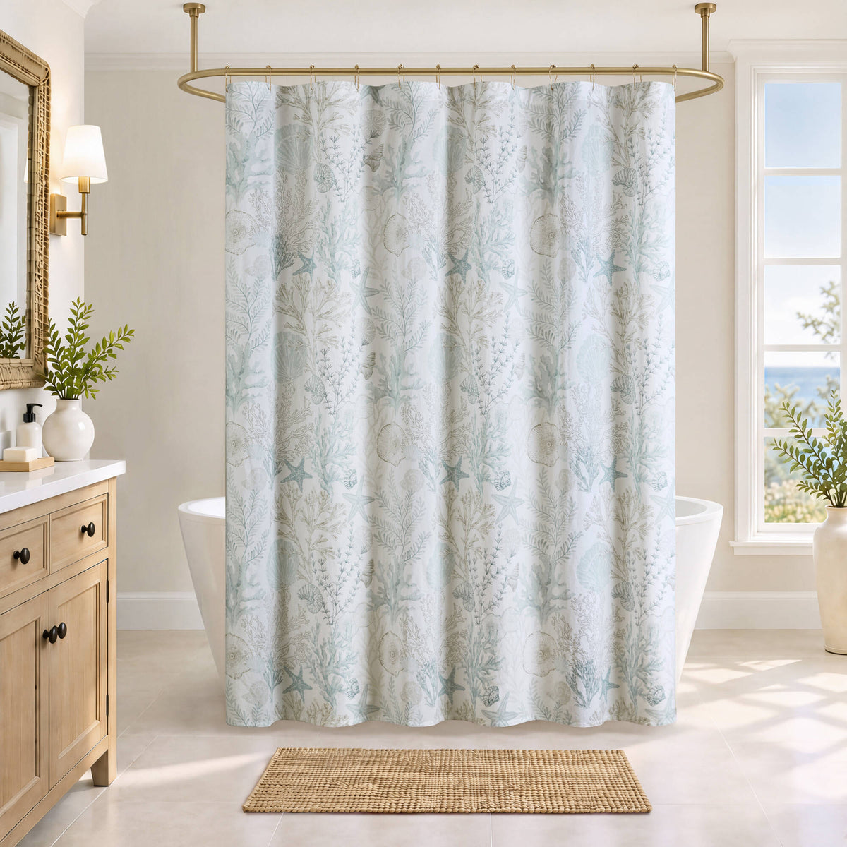 Sea Meadow Coastal Cotton Printed Shower Curtain - Blue