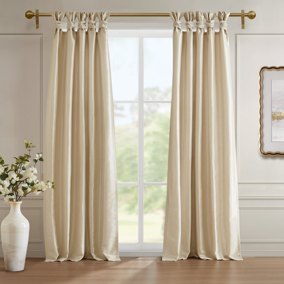 Emilia 100% Polyester Solid Faux Silk Lined Twist Tab Total Blackout Window Curtain - Champagne