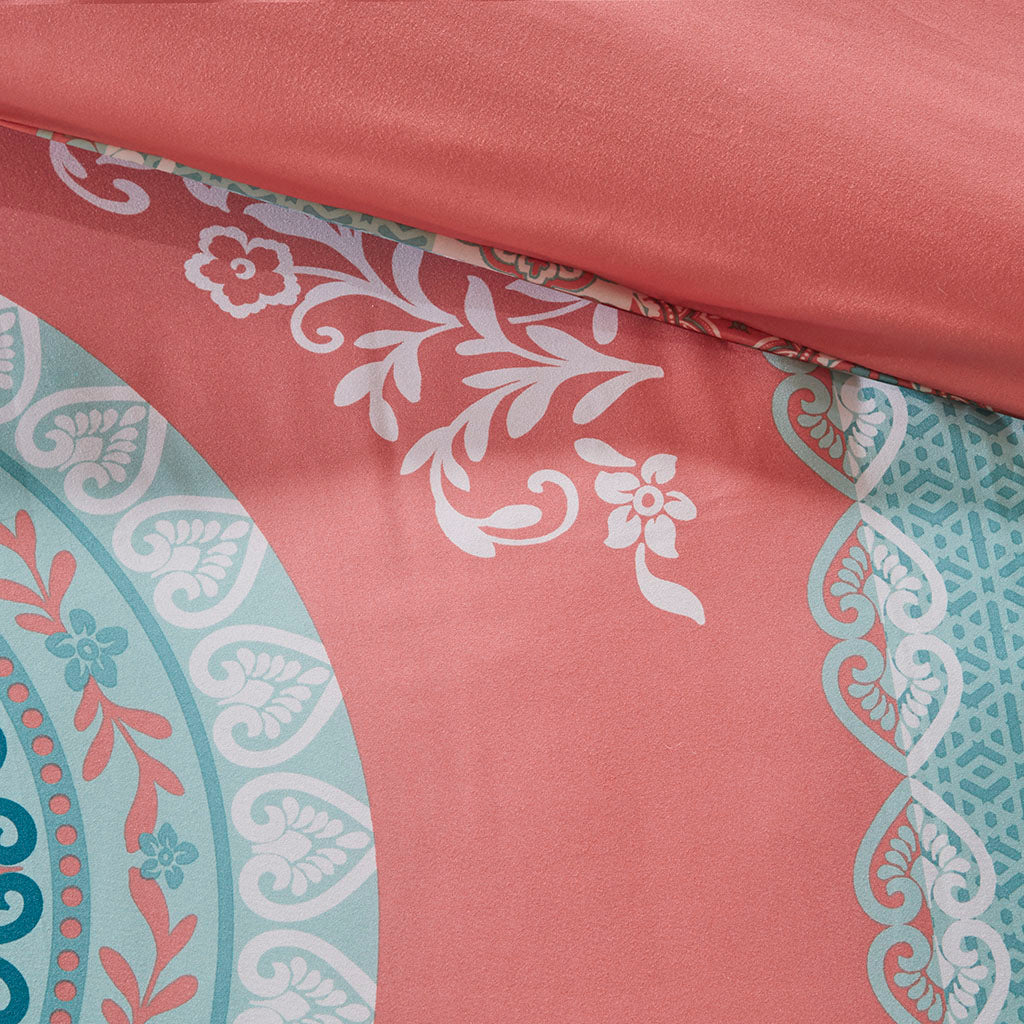 Loretta Boho Comforter Set with Bed Sheets - Coral