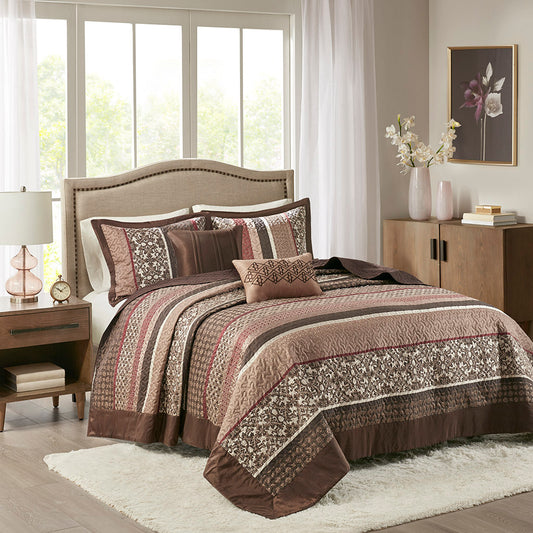 Princeton 5 Piece Reversible Jacquard Bedspread Set - Red