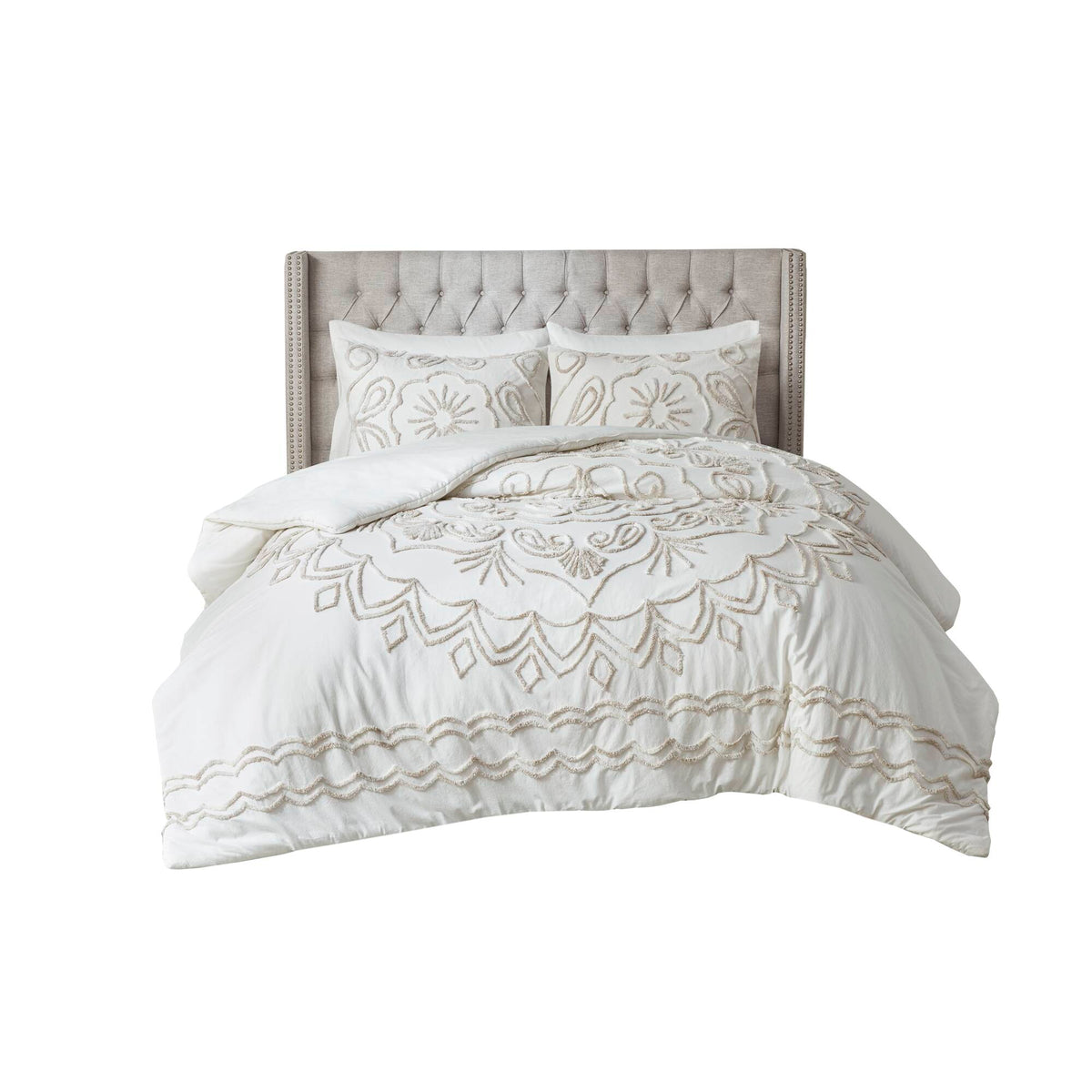 Violette 3 Piece Tufted Cotton Chenille Duvet Cover Set - Ivory/Taupe
