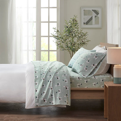 Cozy Cotton Flannel Printed Sheet Set - Seafoam Llama