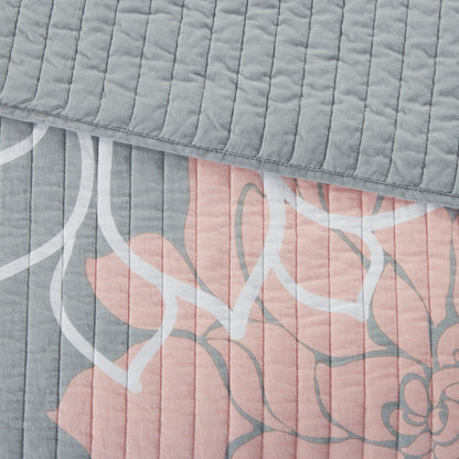 Lola 6 Piece Printed Cotton Quilt Set with Throw Pillows - Grey/Peach