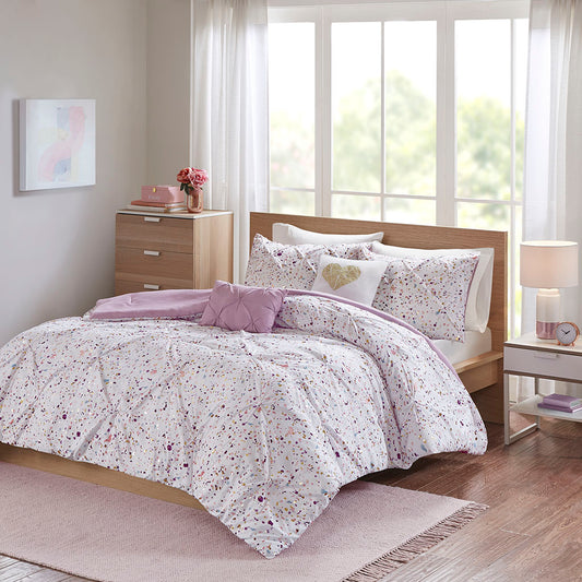 Abby Metallic Printed and Pintucked Comforter - Plum