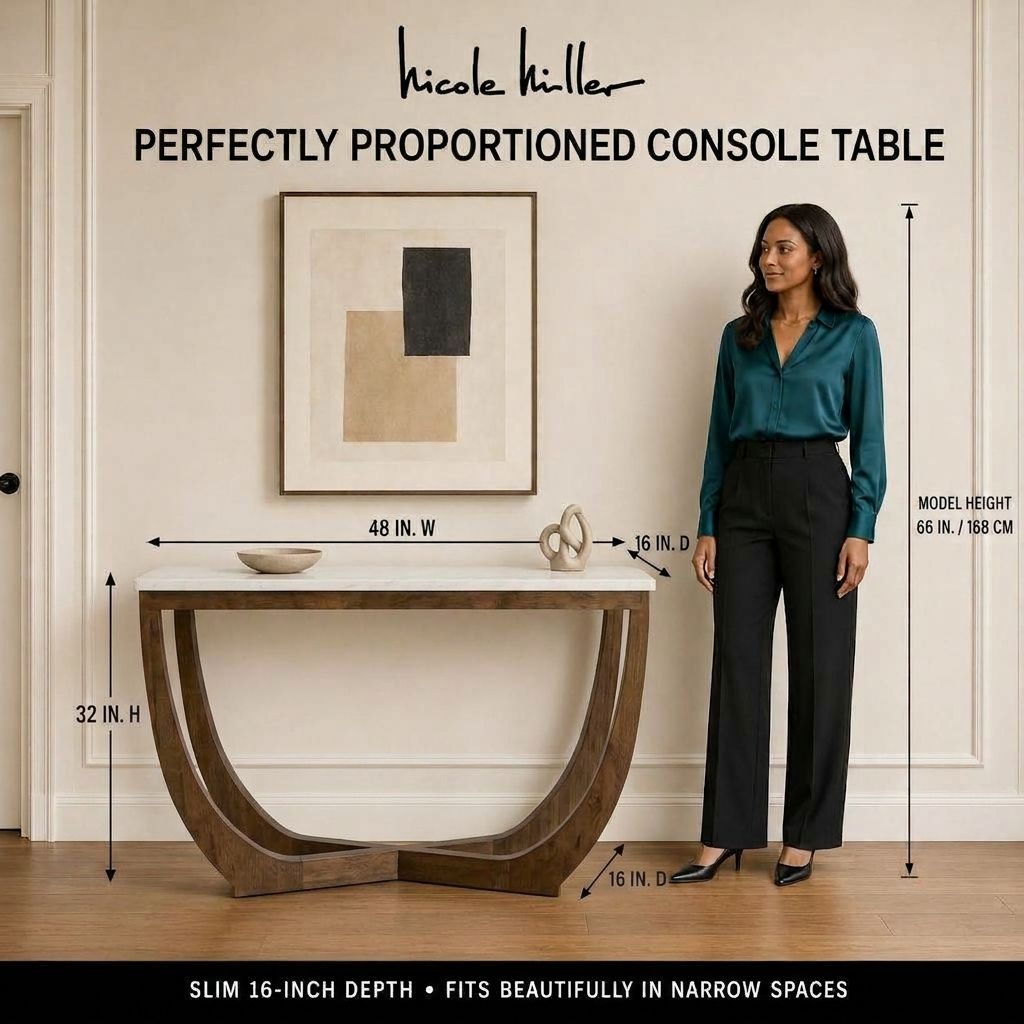Calvedra Curve Marble-Look Console Table with Curved Walnut Wood Legs - White Marble/Walnut