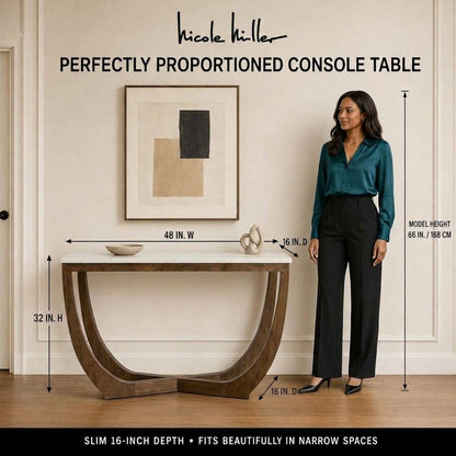 Calvedra Curve Marble-Look Console Table with Curved Walnut Wood Legs - White Marble/Walnut