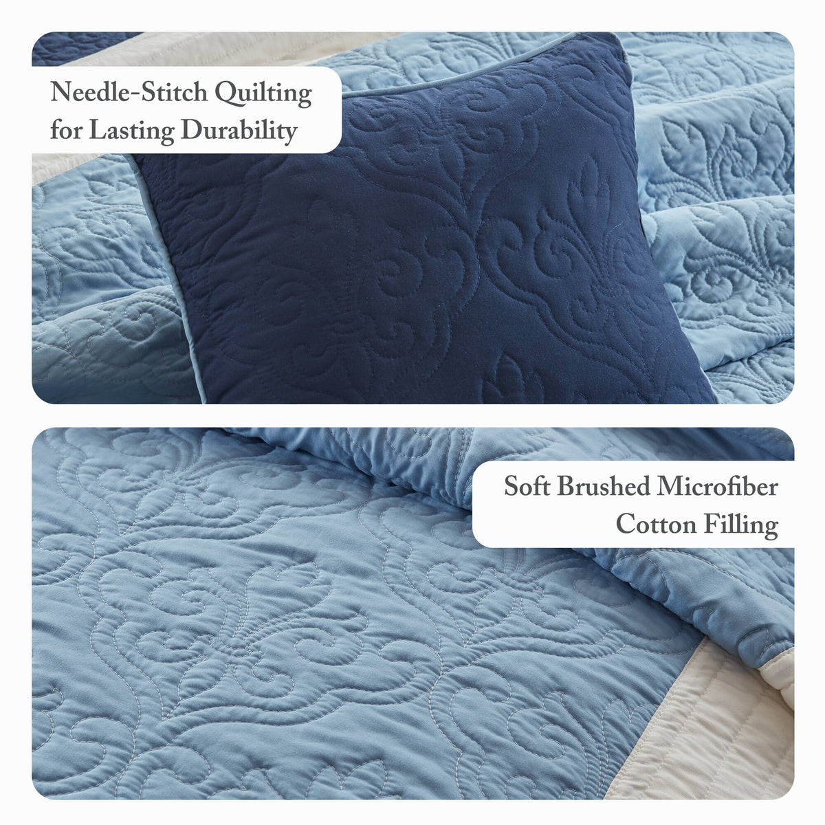 Attingham 7 Piece Quilt Set with Euro Shams and Throw Pillows - Blue/Navy