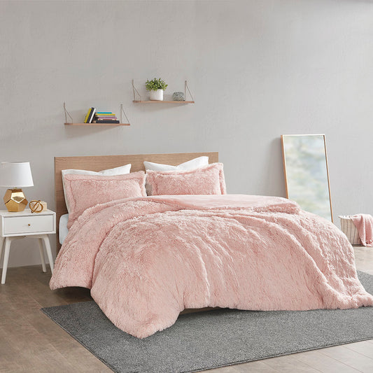 Malea Shaggy Fur Duvet Cover Set - Blush