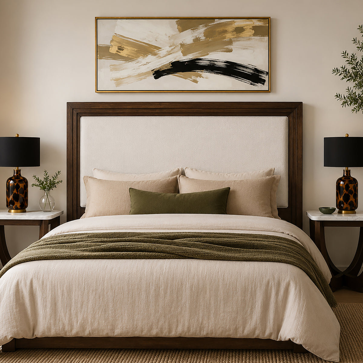 Bellamy Full/Queen Upholstered Wood Headboard with USB and USB-C charging ports - Ivory/Walnut