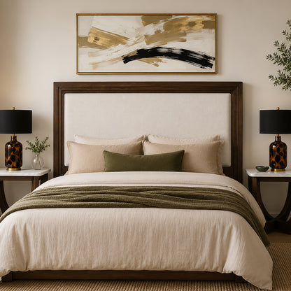 Bellamy Full/Queen Upholstered Wood Headboard with USB and USB-C charging ports - Ivory/Walnut