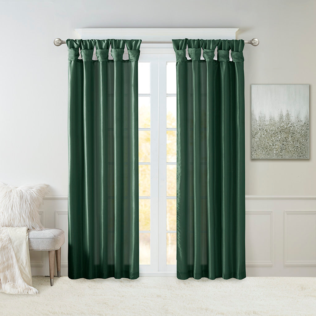 Emilia 100% Polyester Solid Faux Silk Lined Twist Tab Window Curtain - Green