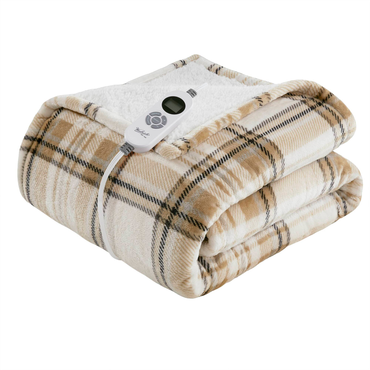 Print Plush to Sherpa Heated Throw - Tan Plaid