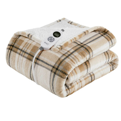 Print Plush to Sherpa Heated Throw - Tan Plaid
