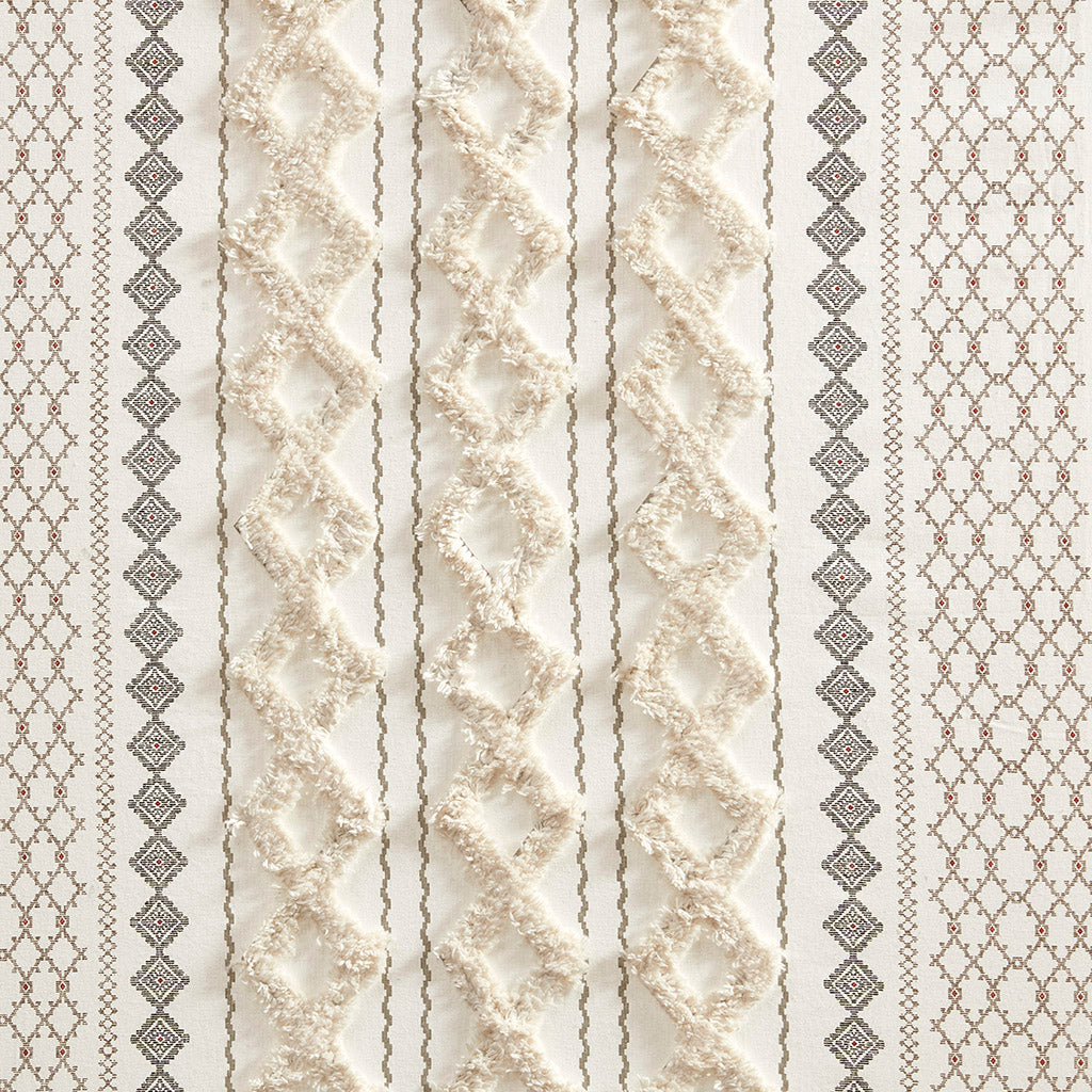 Imani Cotton Printed Curtain Panel with Chenille Stripe and Lining - Ivory