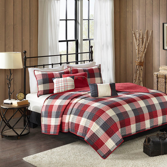 Ridge 6 Piece Printed Herringbone Quilt Set with Throw Pillows - Red