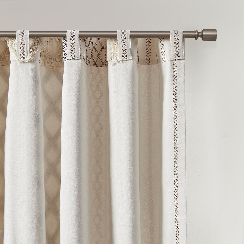 Imani Cotton Printed Curtain Panel with Chenille Stripe and Lining - Ivory