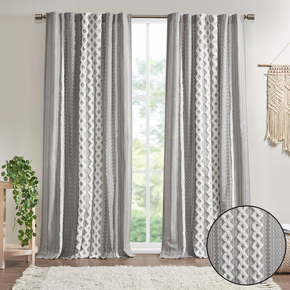 Imani Cotton Printed Curtain Panel with Chenille Stripe and Lining - Gray