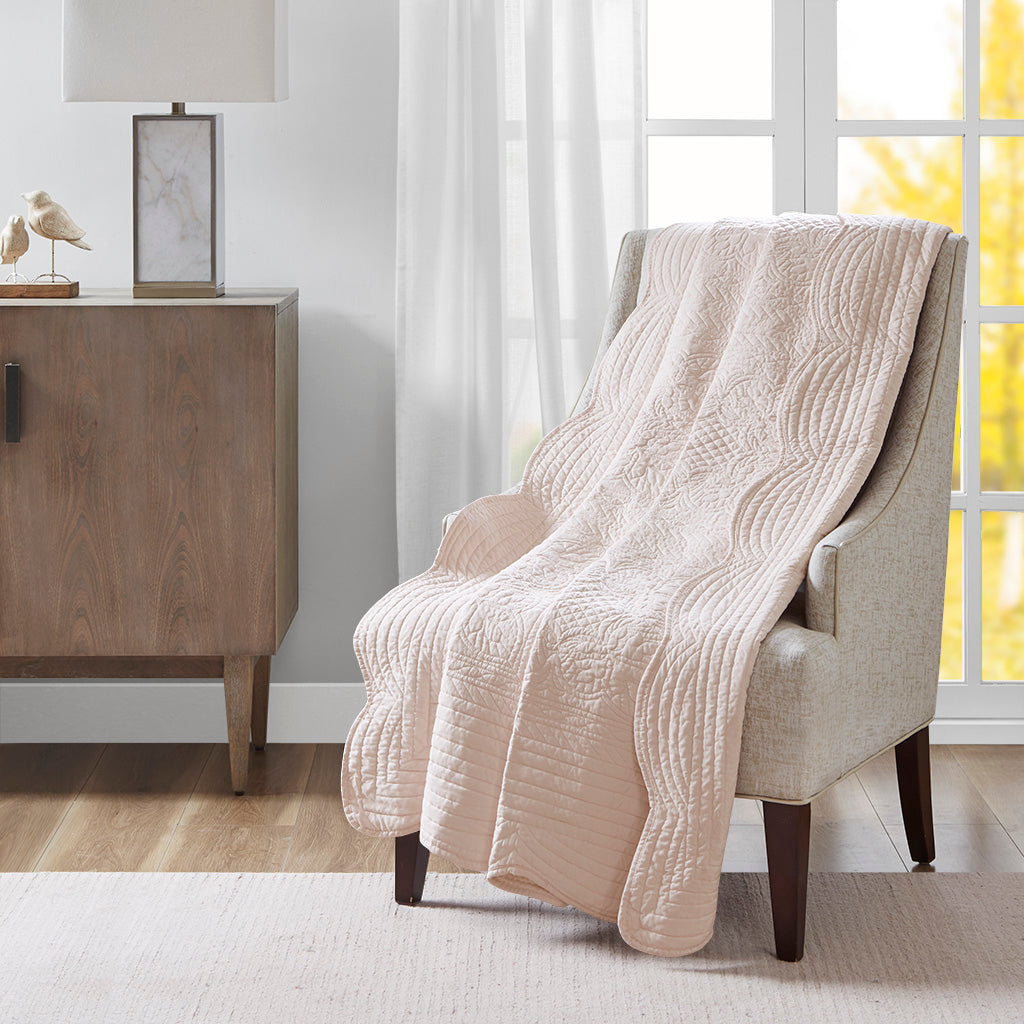 Tuscany Oversized Quilted Throw with Scalloped Edges - Blush