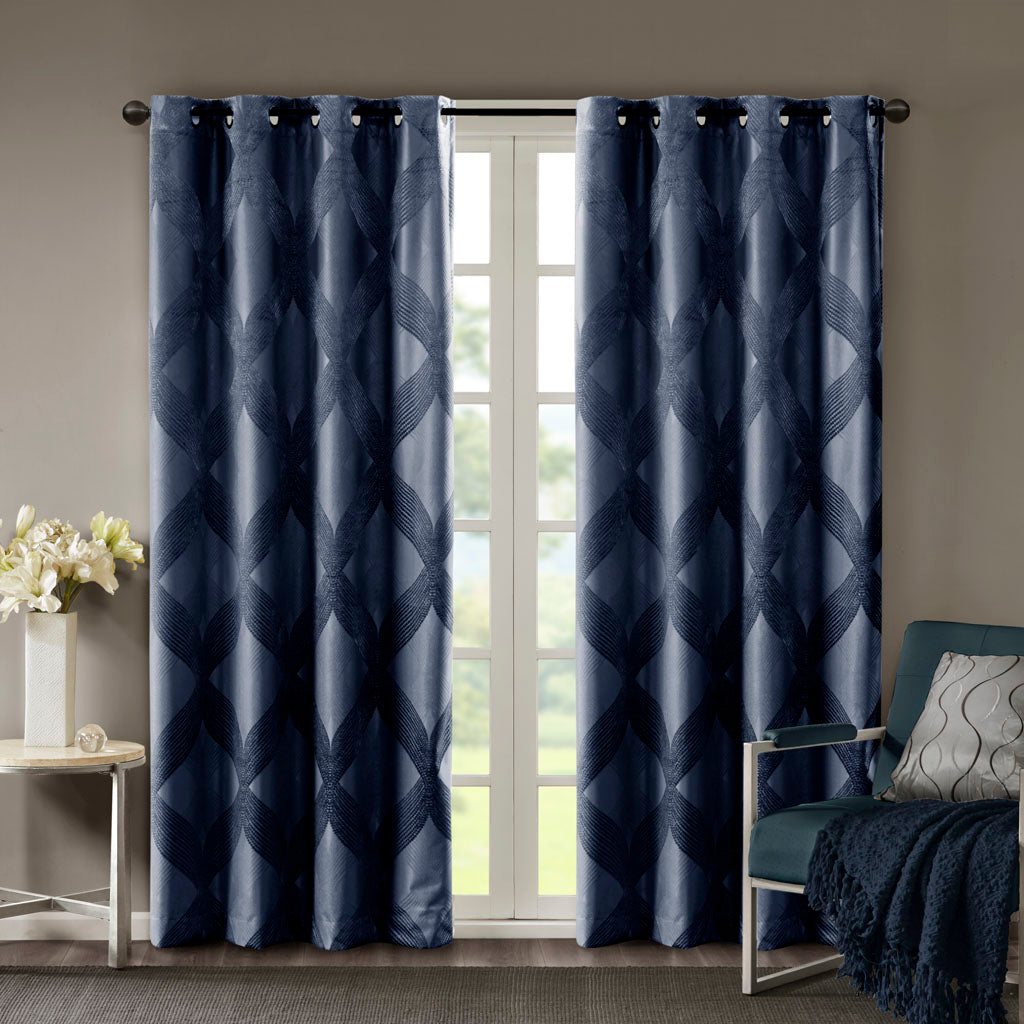 Bentley Ogee Knitted Jacquard Total Blackout Curtain Panel - Navy