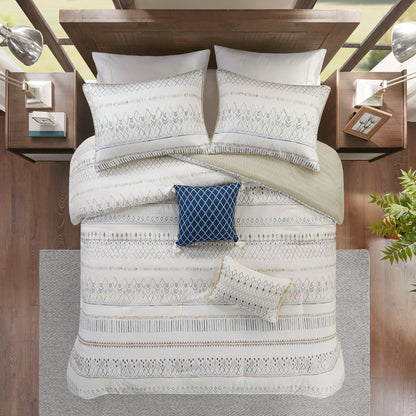Fraser 5 Piece Printed Seersucker Comforter Set with Throw Pillows - Taupe/Blue