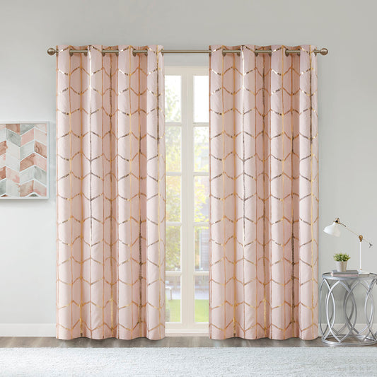Raina Total Blackout Metallic Print Grommet Top Curtain Panel - Blush/Gold