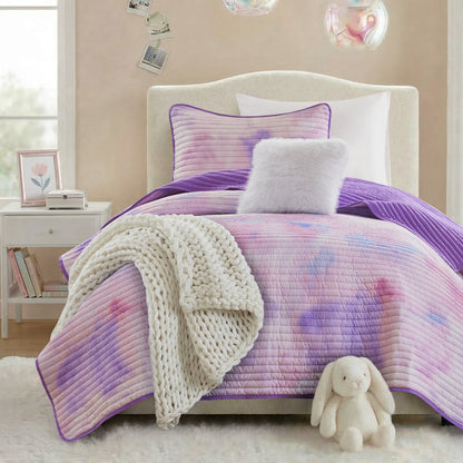 Cassiopeia Watercolor Tie Dye Printed Quilt Set with Throw Pillow - Purple