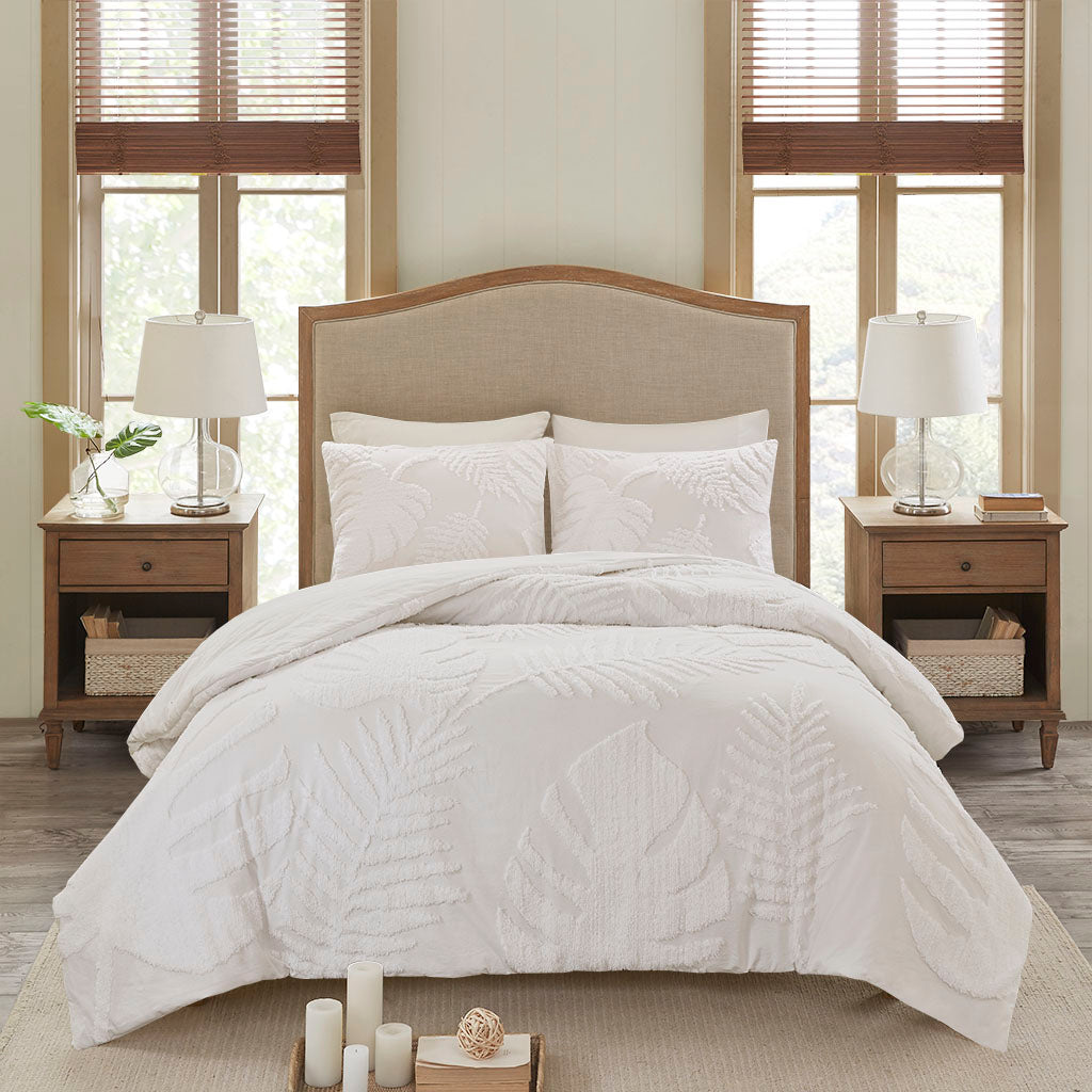 Bahari 3 Piece Tufted Cotton Chenille Palm Duvet Cover Set - Off-White