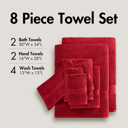 800GSM 100% Cotton 8 Piece Towel Set - Bright Red