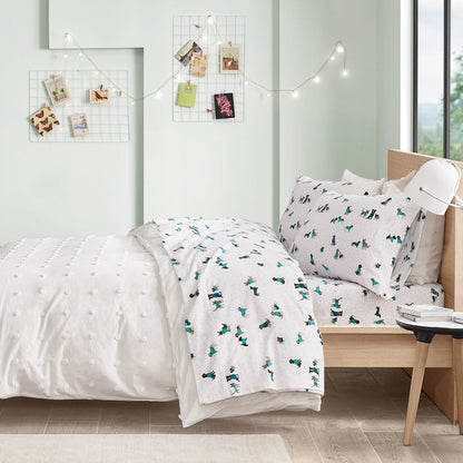 Cozy Soft Cotton Flannel Printed Sheet Set - Teal Dogs