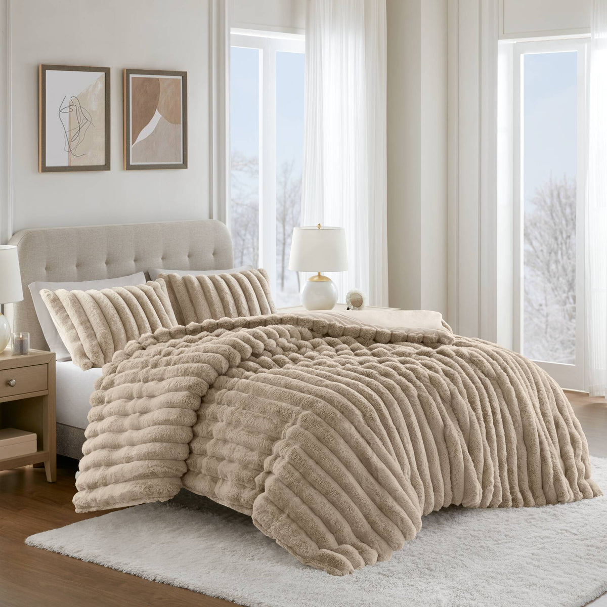 Jasmine 3 Piece Faux Fur Comforter Set - Taupe