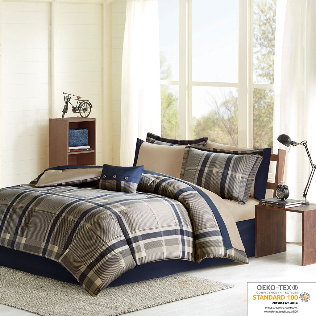 Robbie Plaid Comforter Set with Bed Sheets - Navy Multi