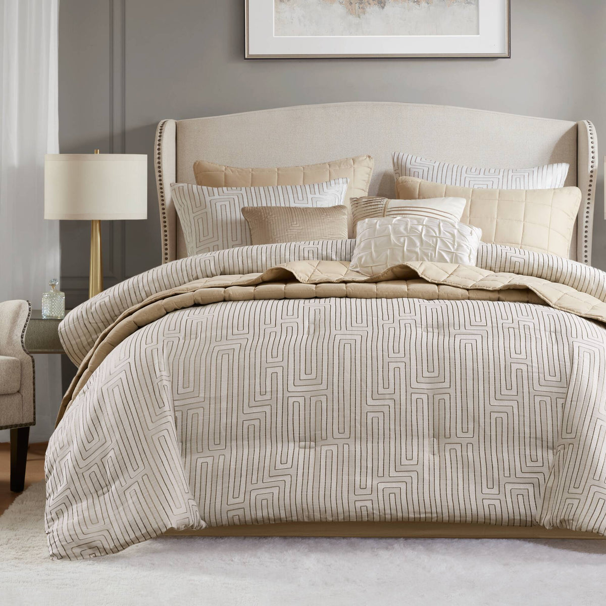 Royce 10 Piece Luxury Jacquard Comforter Set - Ivory