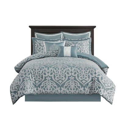 Odette 8 Piece Jacquard Comforter Set - Aqua/Silver