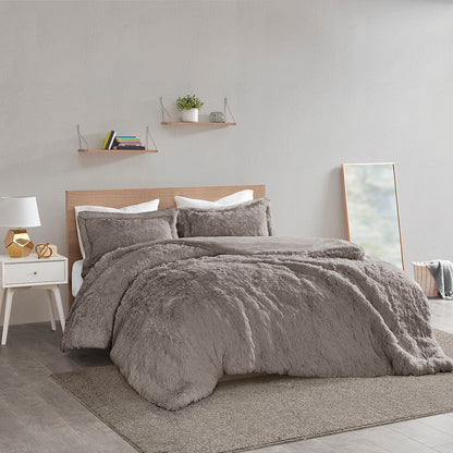 Malea Shaggy Fur Duvet Cover Set - Grey