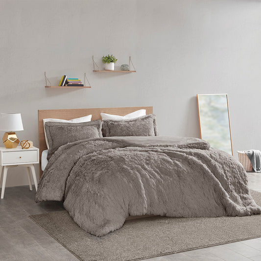 Malea Shaggy Fur Duvet Cover Set - Grey
