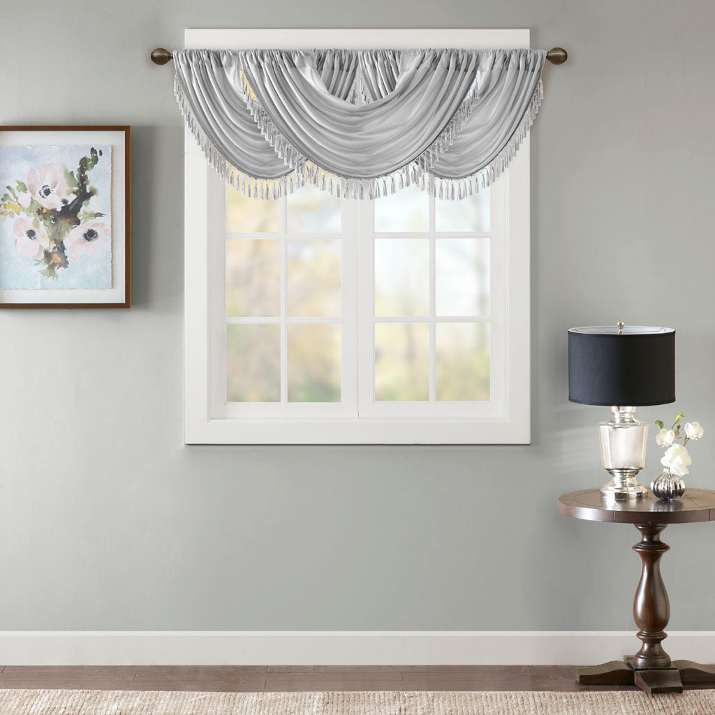 Elena Faux Silk Waterfall Embellished Valance - Silver