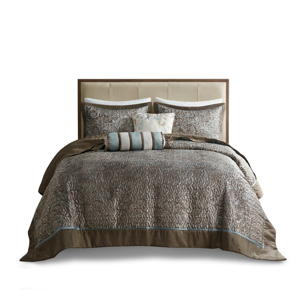 Aubrey 5 Piece Jacquard Bedspread Set with Throw Pillows - Blue/Brown