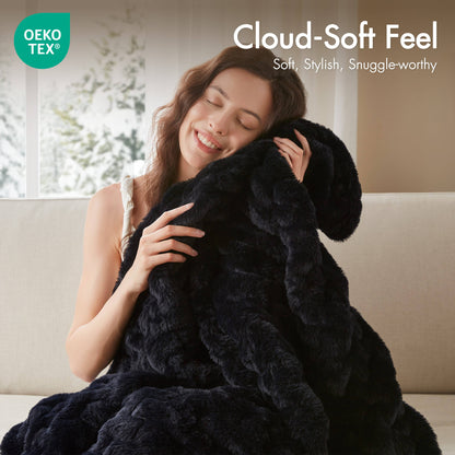 Ruched Fur Throw - Black