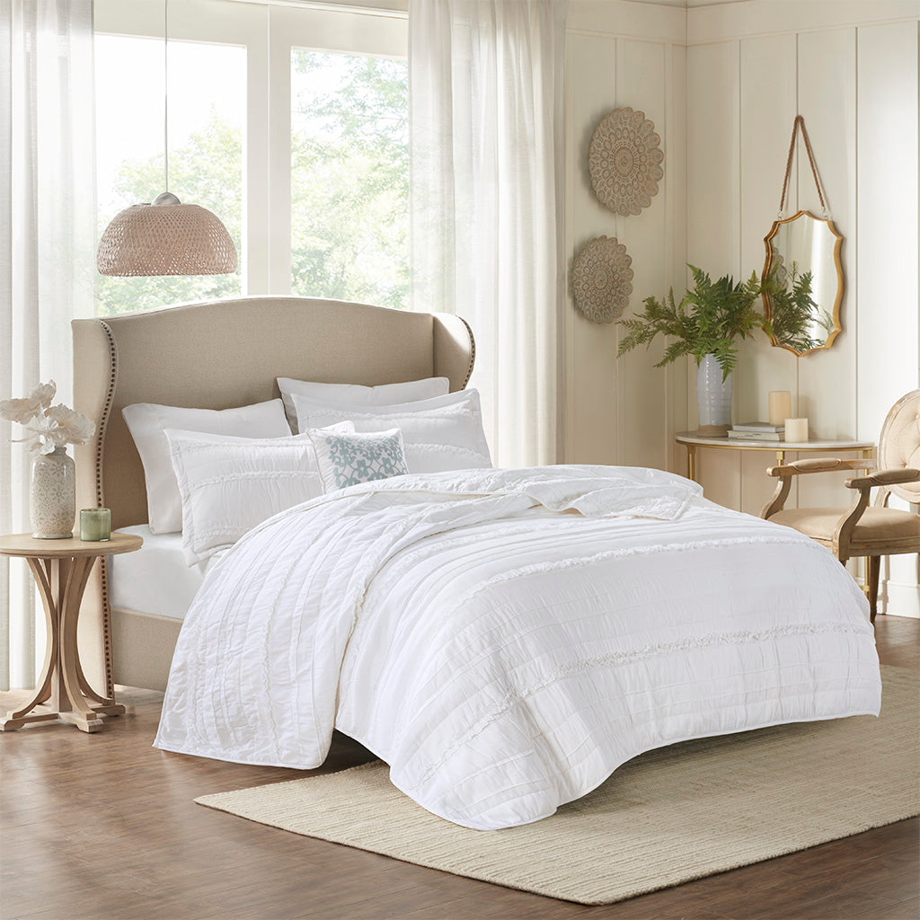 Celeste 4 Piece Microfiber Reversible Ruffle Quilt Set with Throw Pillow - White